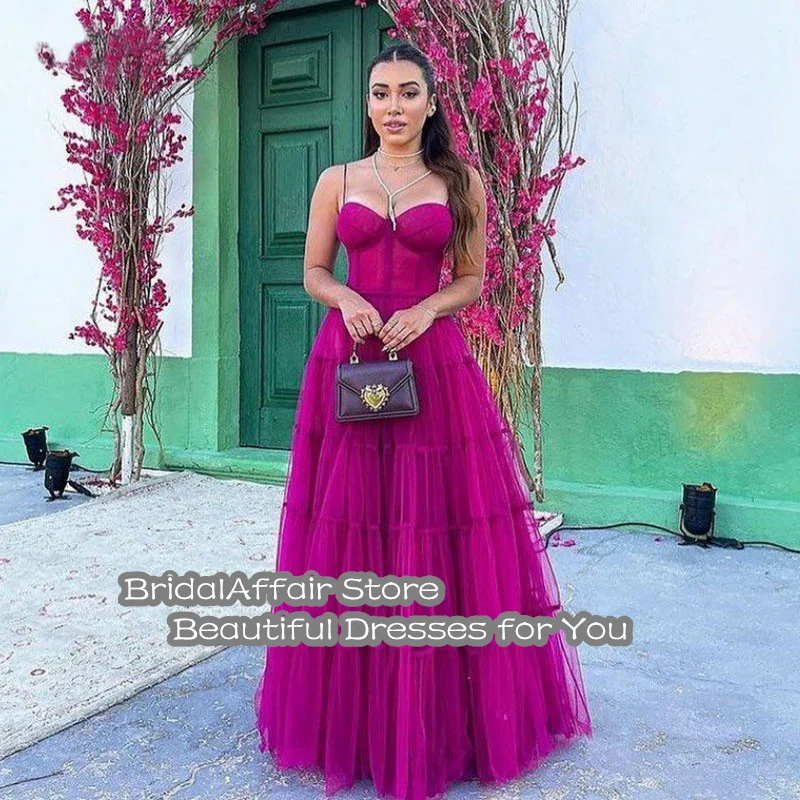 BridalAffair Fuchsia Long Prom Dresses 2023 Newest Tiered Tulle Formal Evening Dress Princess Women Wedding Party Gowns