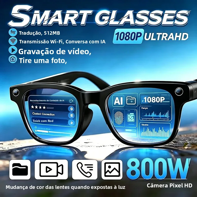 Óculos Inteligentes com Câmera de 800W, Gravação de Vídeo, Reconhecimento de Foto por IA, Chamada Bluetooth, Tradução por Voz, Óculos de Sol para Homens e Mulheres