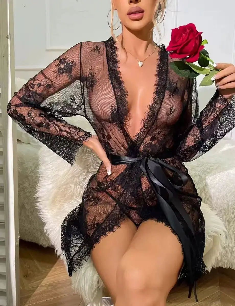 セクシーなシースルーメッシュレースセクシーなナイトガウンヨーロッパとアメリカンスタイルのいちゃつく誘惑の弓