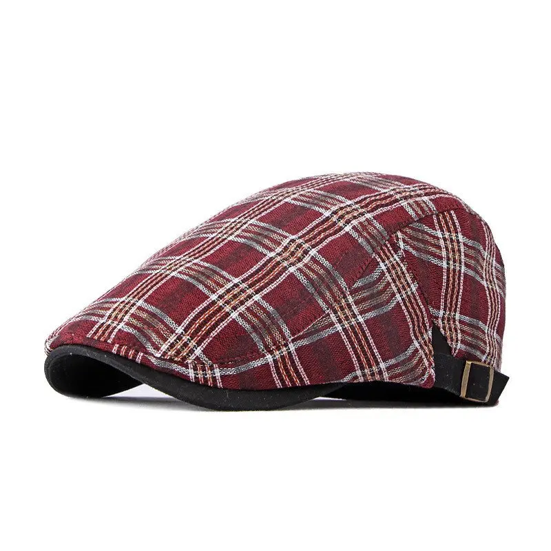 Spring Cotton Plaid Print Newsboy Caps Flat Peaked Cap Men and Women Painter Beret Hats 110