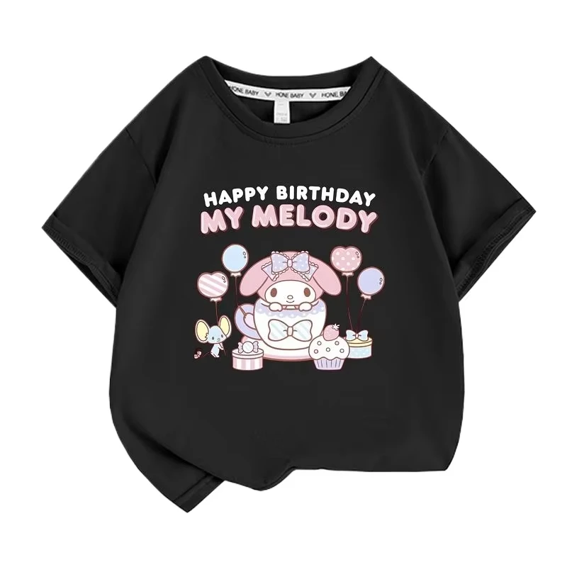 

Летняя футболка Sanrio для девочек, 100% хлопок, милая футболка с принтом My Melody, топ с короткими рукавами и рисунком, одежда для родителей и детей, футболка с круглым вырезом