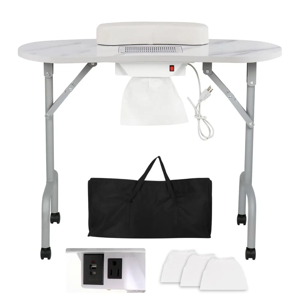 Portable Manicure Table Foldable Nail Desk with Charging Station & Dust Collector Professional Nail Tech Table