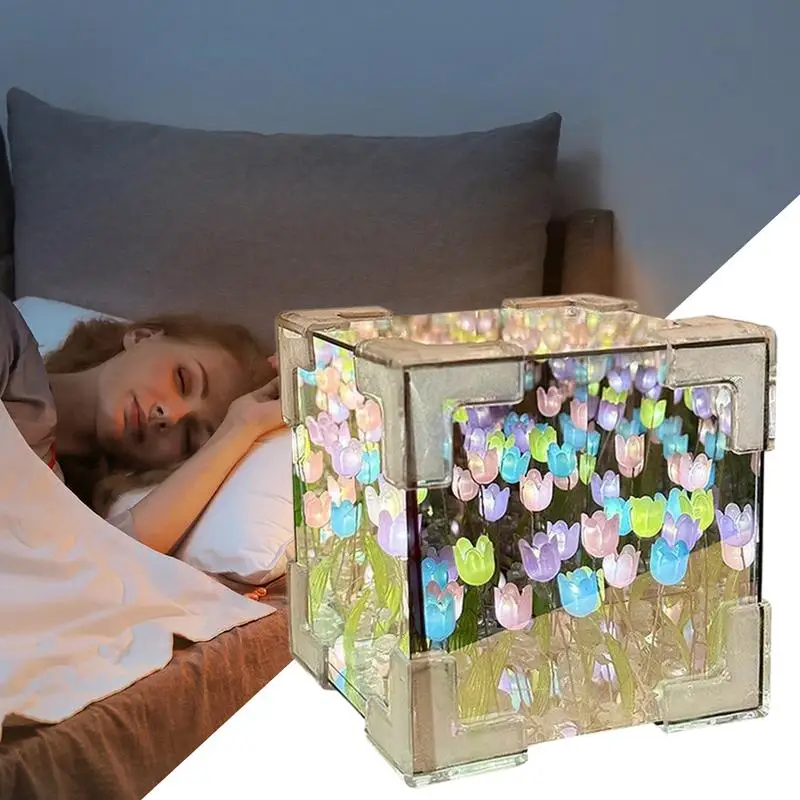 Night Light ชุดดอกไม้ Cube Night Light ทําชุดสําหรับวัยรุ่นโคมไฟตั้งโต๊ะเดสก์ท็อปตกแต่งรูปปั้นสําหรับห้องเรียนกิจกรรม Birthda