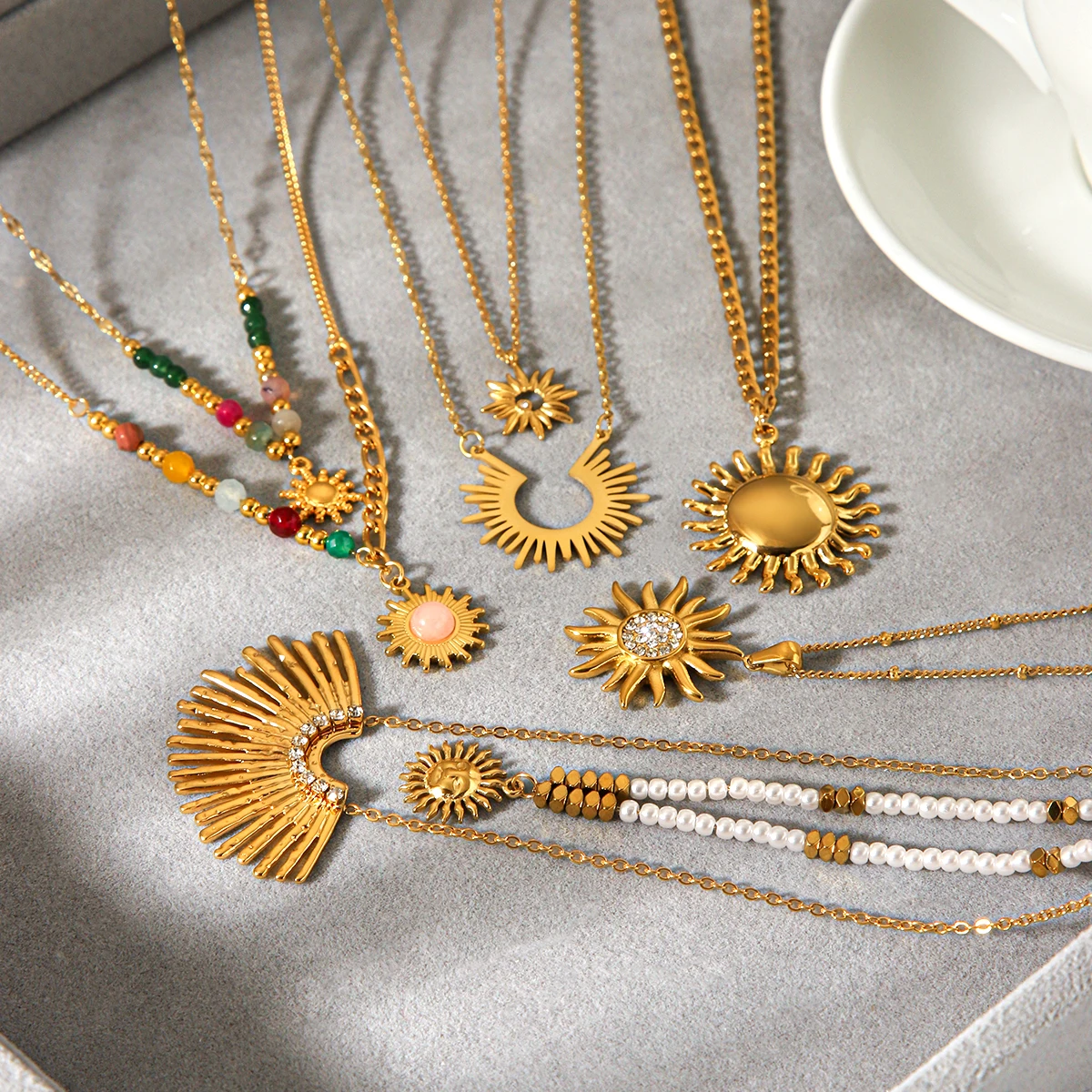 

Elegant Sun Pendant Necklace Set For Women Gold Plated Multi-Style Layering Hypoallergenic Tarnish Resistant Gift For Her