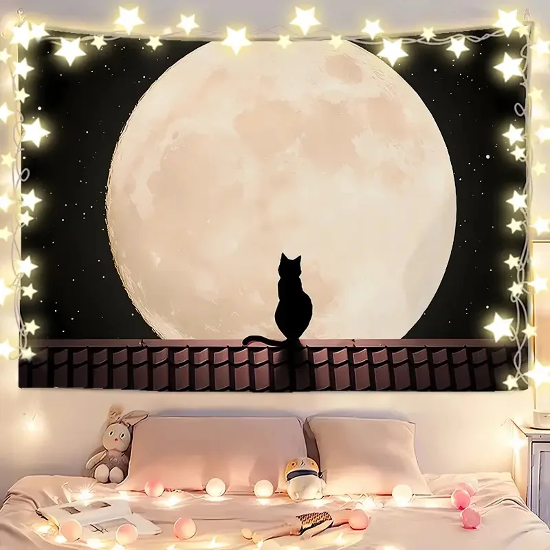 Light Luxury Black Cat Tapestry with Lamp Wall  Tapestries Bedroom Tapestry wall Blanket Bedroom Dormitory Home Renovation