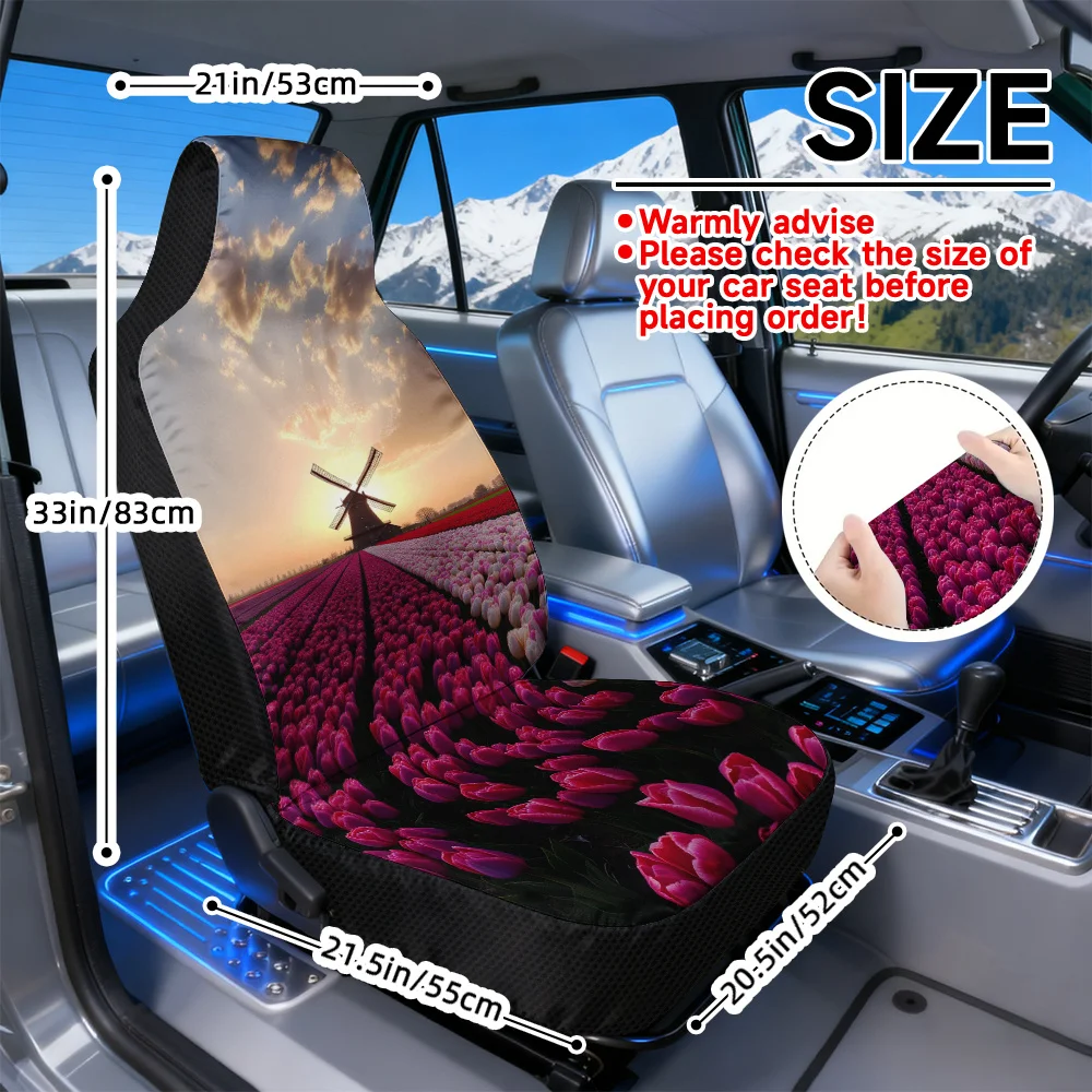 2D Flat Printing, 2pcs Tulip Field Windmill Landscape Scenery Print Car Seat Cover Set, Suitable For Most Cars, Fashionable Uniq