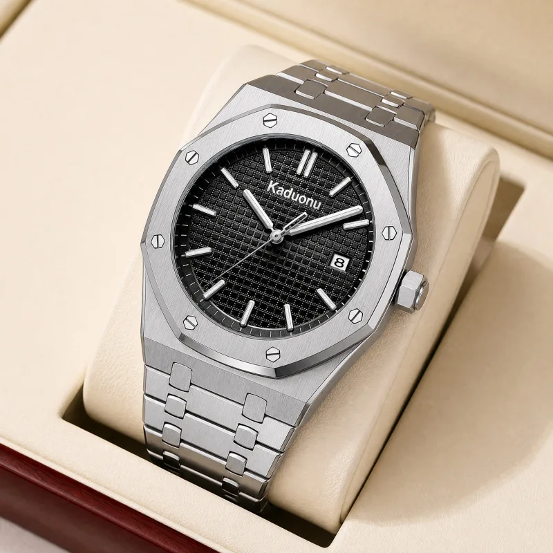 New lightweight luxury versatile business quartz watch with steel band, calendar, luminous display, and waterproof features, a h