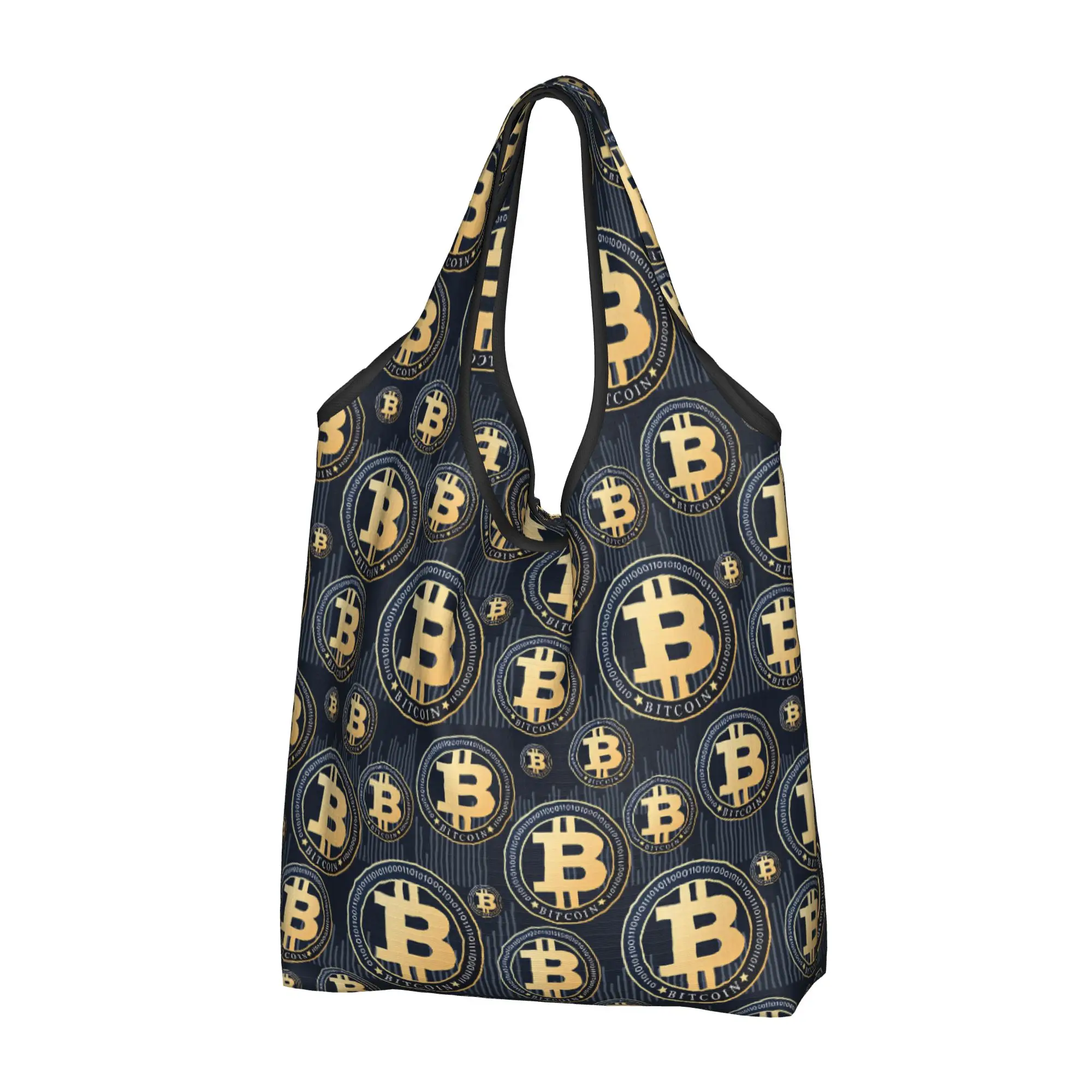 Crypto Virtual Currency Bitcoin Grocery Shopping Bag Fashion Shopper Tote Shoulder Bag Large Capacity Portable  Handbag