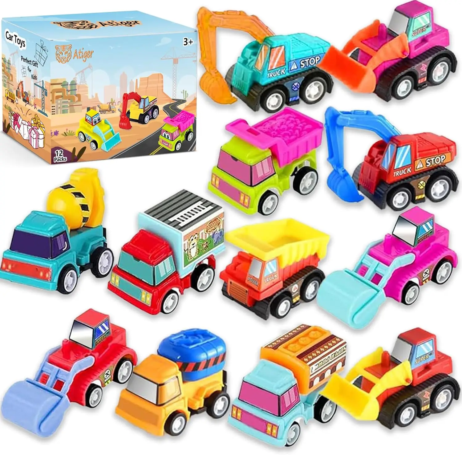 

12pcs Pull Back Cars Truck Vehicles Set for Kids Ages 3-5, Mini Construction Toy Party Favors, Potty Training Reward