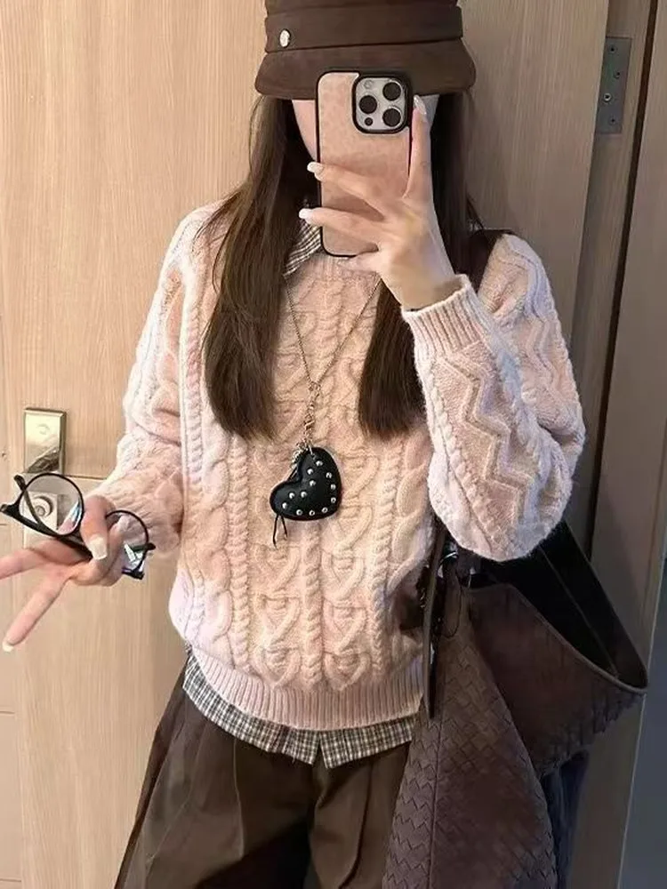 

Pink Twisted Knit Sweater Women's Loose Thiened Autumn Winter Comfortable Lazy Sle Casual Faion Top round Ne Long Sve