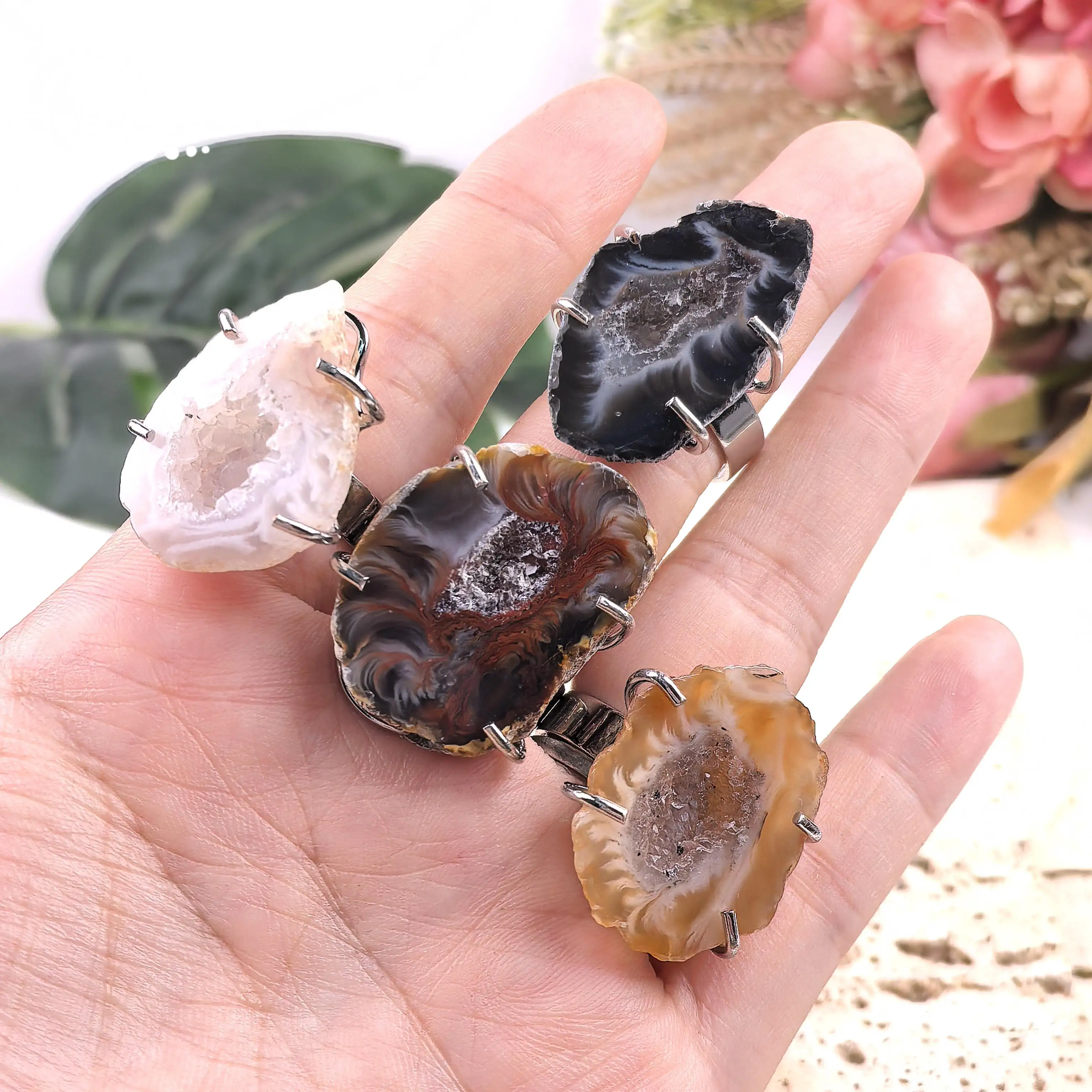 Natural Agate Geode Ring Healing Crystal Quartz Druzy Drusy Slice Slab Adjustable Ring Women Fashion Jewelry Dropshipping,QC4242