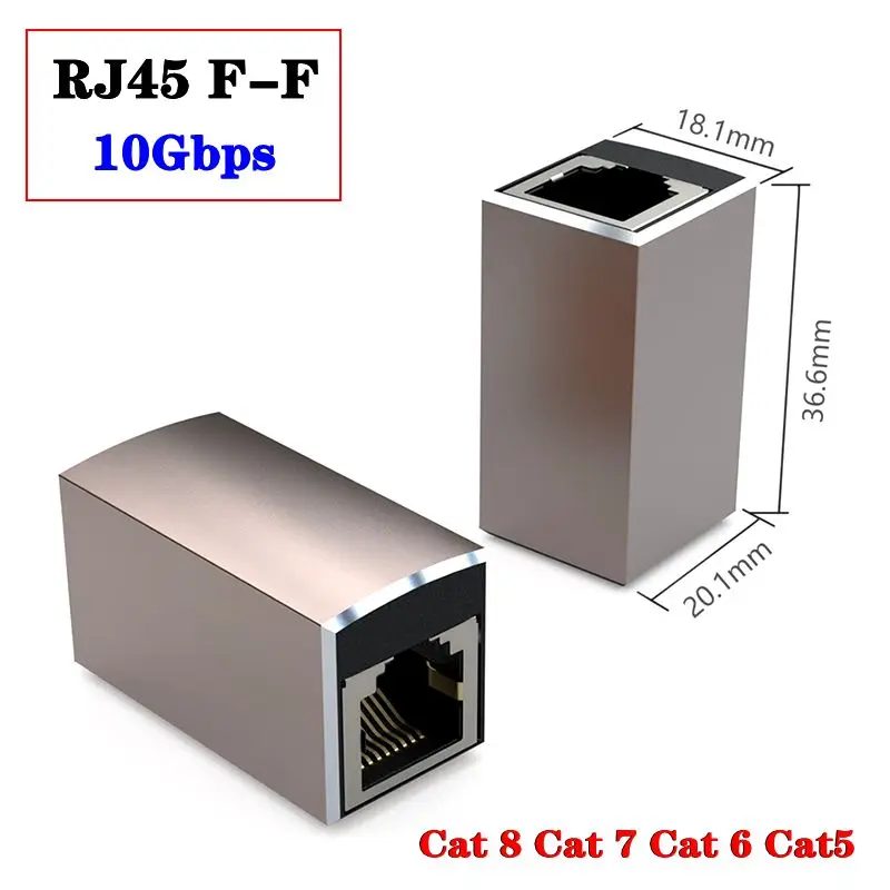 10Gbps Metal Shell RJ45 Female to Female High-Speed Ethernet Adapter Suitable For Cat 8, Cat 7, Cat 6, Cat 5