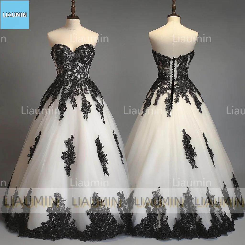 White or Ivory Tulle With Black Lace Applique Prom Formal Wedding Dresses Evening Bridesmaid Party Clothing Customized C-10.2