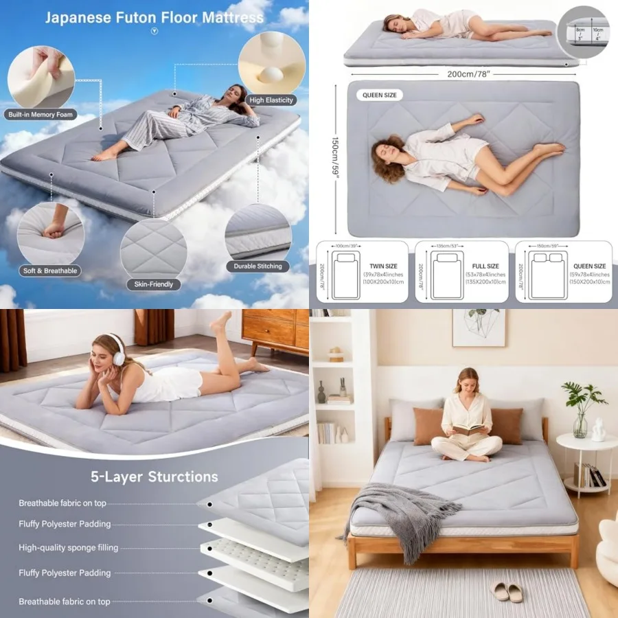 Japanese Futon Floor Mattress, Thick Size Tatami Mat Portable and Foldable Roll Up Floor Bed Mattress with Storage Bag, Sleepin