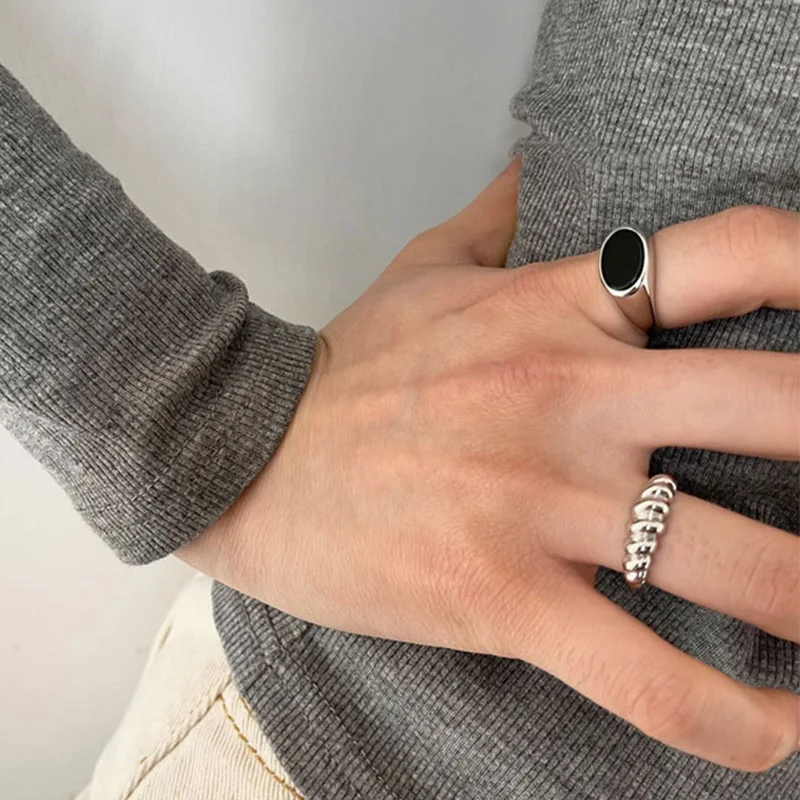 Foxanry Silver Color Ellipse Black Zircon Rings For Women Couples Fashion Personality Simple Hip Hop Classic Daily Party Jewelry image 5