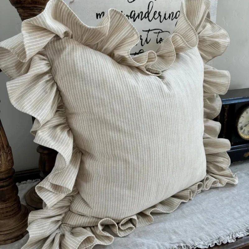 Retro Brushed Pillow with Wide Lace Stripes Original Decorative Sofa Pillow including Core Cover Home Polyester Square Pillow...