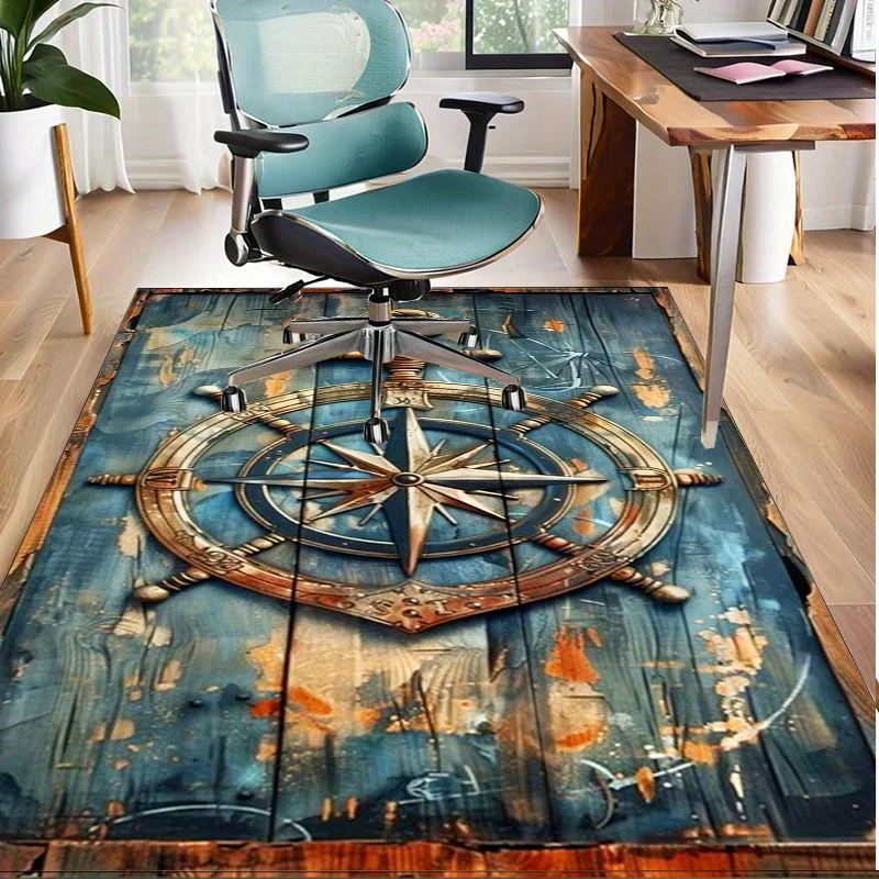 Nautical Compass Rug for Seaside Homes - Vintage Ship Wheel Design Carpet Perfect for Coastal Decor or Nautical Themed Rooms