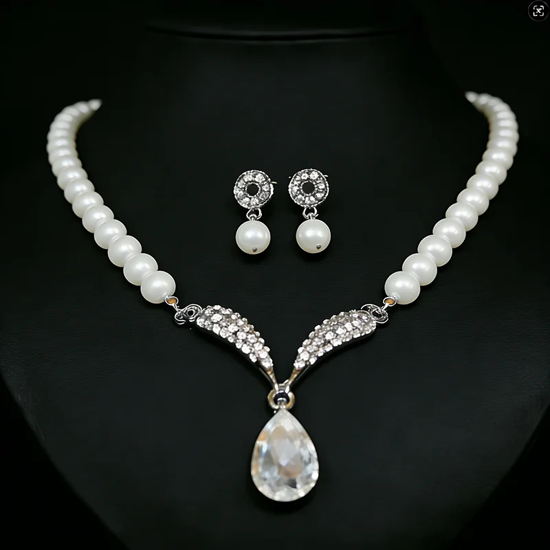 

Изысканный свадебный комплект украшений с имитацией жемчуга: роскошное колье с подвеской в виде капли и серьги-подвески со стразами для женщин и девушек (модель A)