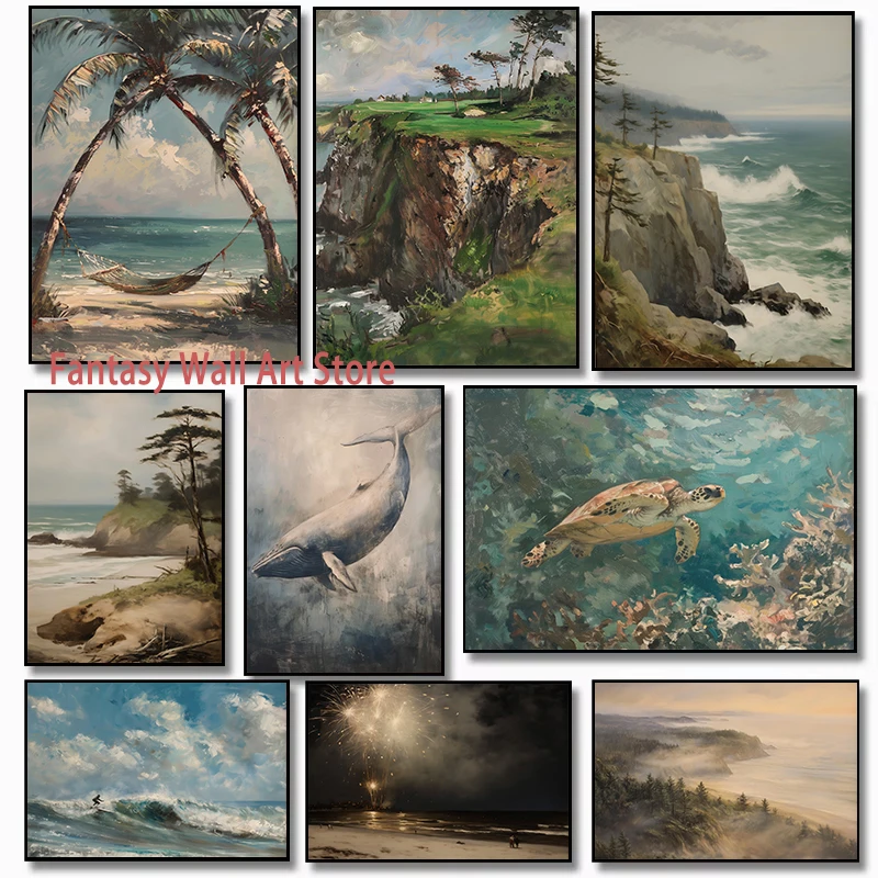 Coastal Sea Beach Coast Inspired Poster Vintage Style Oil Painting Prints Ocean Coastal Landscape Canvas Decor Neutral Seascape