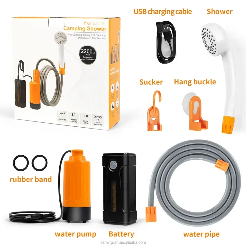 Portable Square ABS Camping Shower with USB Charging Port Built in Lighting Multifunctional Outdoor Bathing Device for Travel