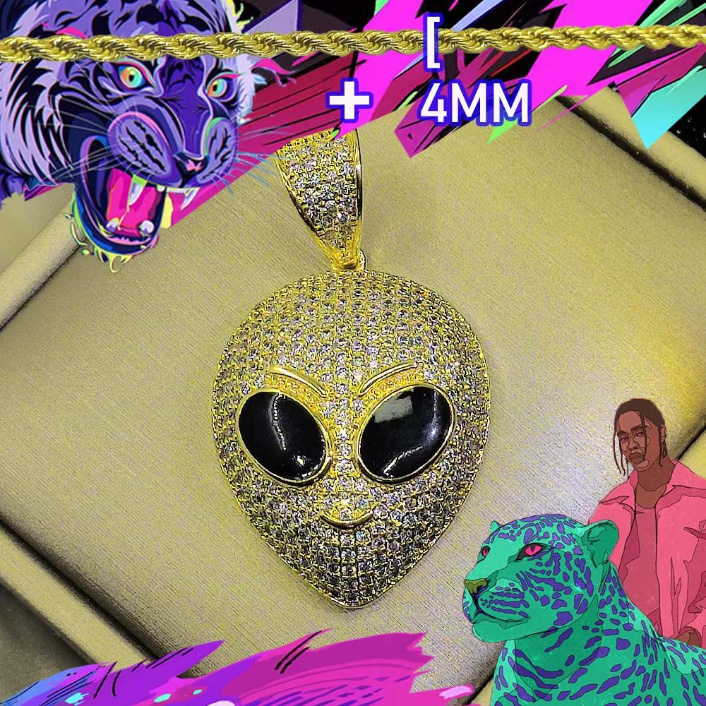 New popular hip-hop necklace, luxurious diamond studded alien pendant, 18K gold plating, trendy decoration, exquisite packaging