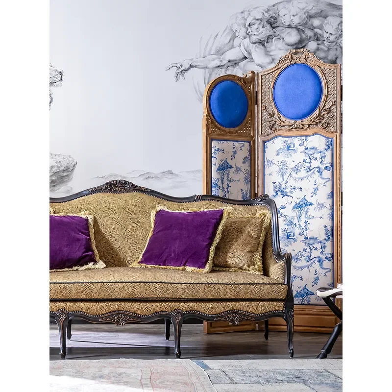 Solid Wood Retro Living Room Three Person Sofa American Leopard Print Fabric Villa Furniture Chinese Style Double Sofa