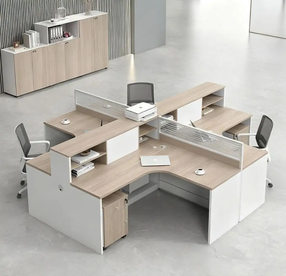 & Space Saving L Shaped Modular Office Workstation Panels with Detachable Design Drawers for 4-6 Person Team Commercial Use Mode