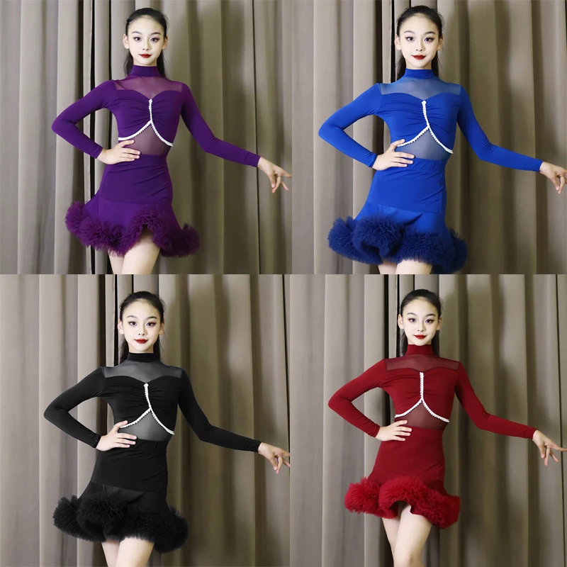 

4-цветный костюм для соревнований по латинским танцам, платья для бальных танцев для девочек, национальный стандарт, детская танцевальная одежда для румбы, самбы, SL14138