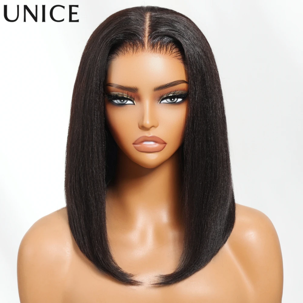 UNice 100% Human Hair Natural Black Yaki Straight Bob Wig With Drawstring No-Slip 7x5 Lace Glueless Short Human Hair Wigs view 2