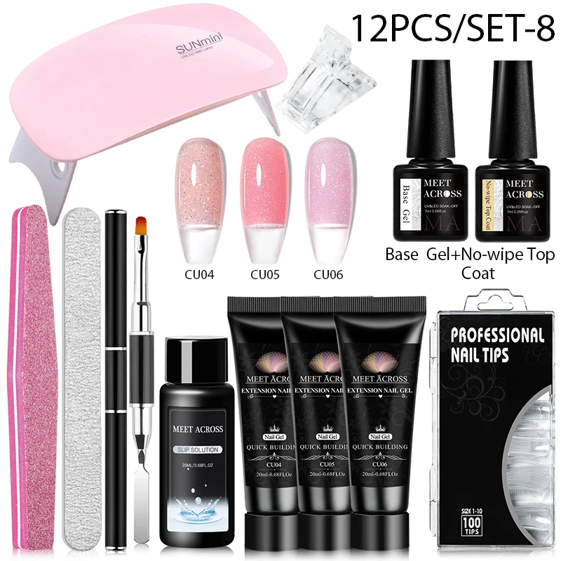 MEET ACROSS 네일 익스텐션 젤, 빠른 손가락 연장 익스텐션 키트, 아크릴 젤 광택제 네일 아트, 네일 매니큐어용, 세트 당 12 개, 20ml