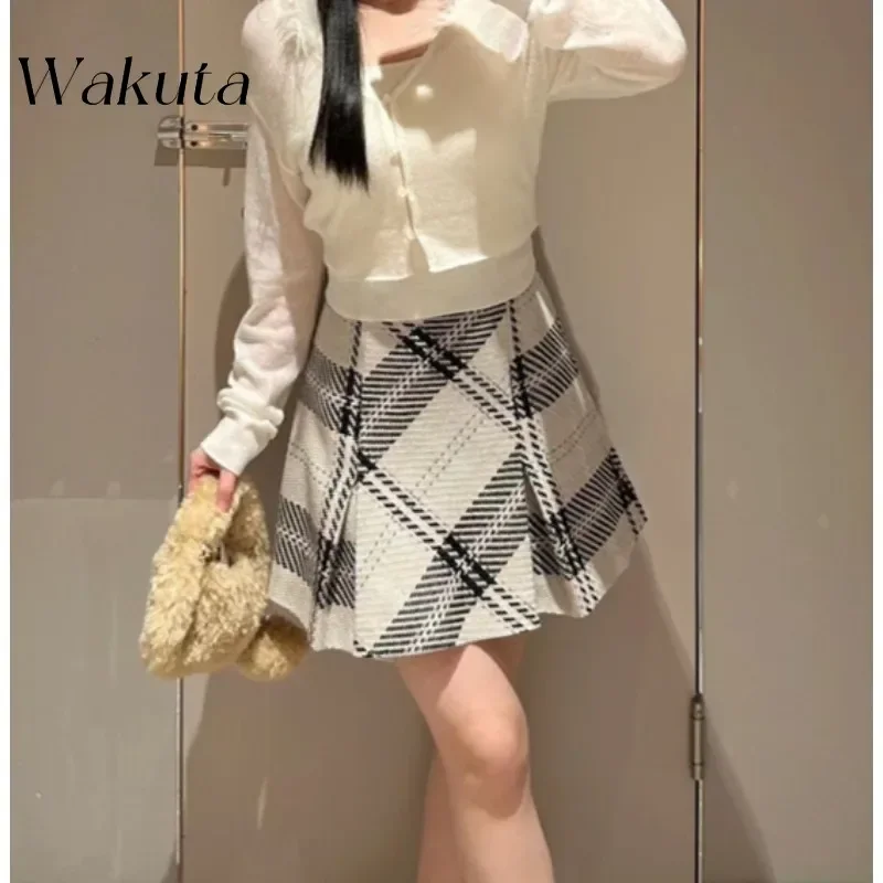 WAKUTA Japanese Retro High-waisted Faldas Plaid A-line Skirts Autumn/Winter Casual Versatile Wool Tweed Yarn Thin Skirts 니트 스커트