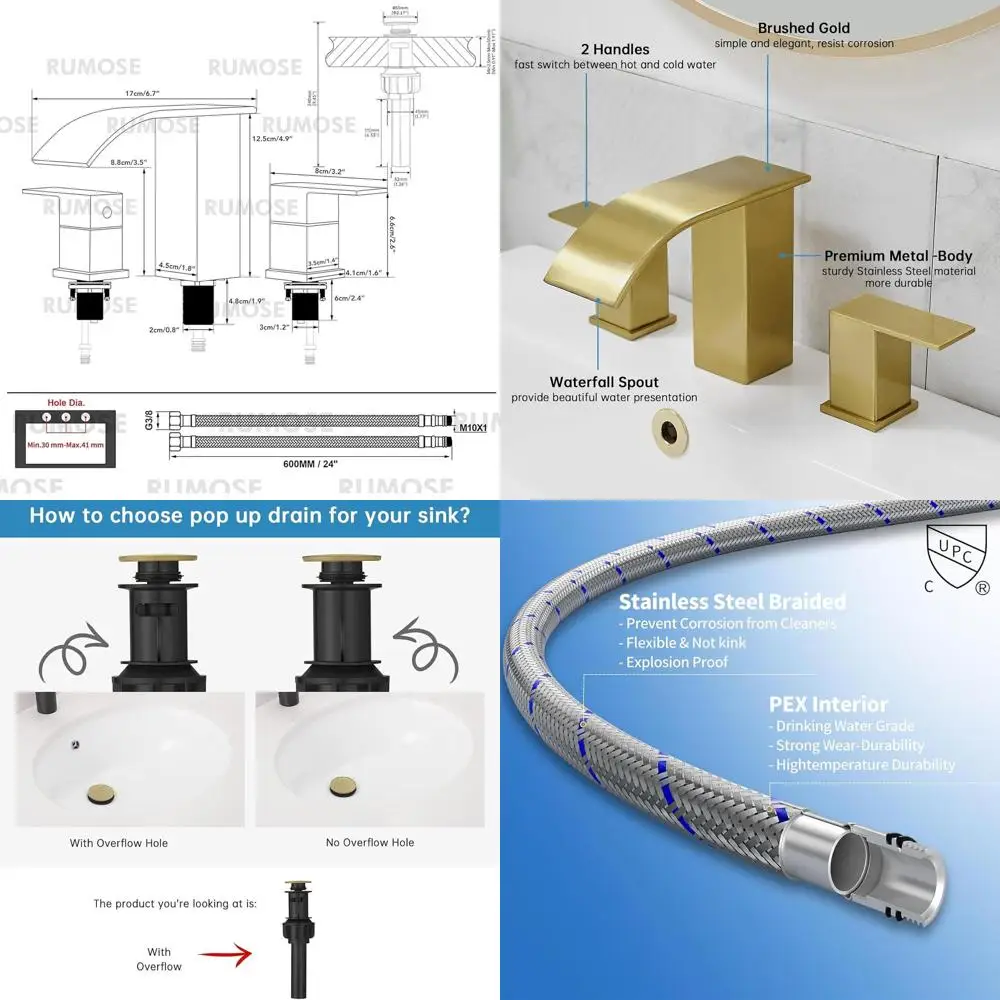 

8 Deck-Mounted Brushed Gold 3-Hole Bathroom Faucet Set with Pop-Up Drain and Stainless Steel Spout
