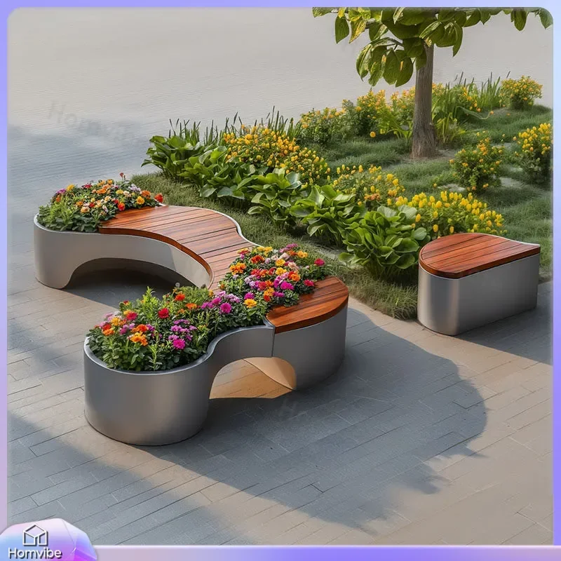 Outdoor Wooden Flower Box Bench Commercial Street Planter Seat Preservative Wood Garden Furniture Municipal Park Courtyard