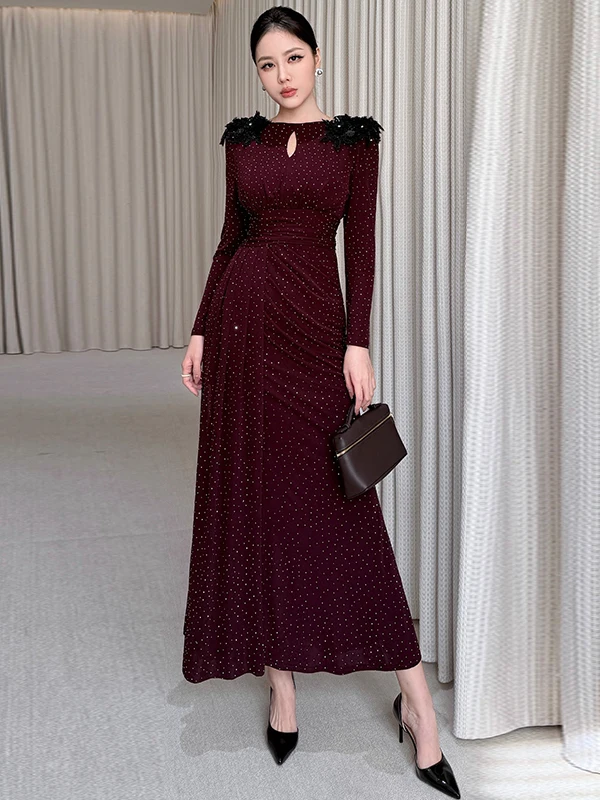 

Sexy High Slit Long Sve Women's Dr Draped Elastic Waist Slim Fit Polyester Fiber PU Elastic Fiber Unique Beautiful Dr