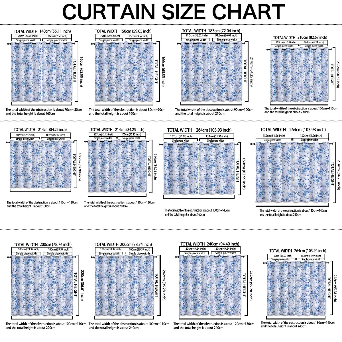 90g Double Opening Curtain Blue Watercolor Floral Print Blackout Curtain for Living Room Bedroom