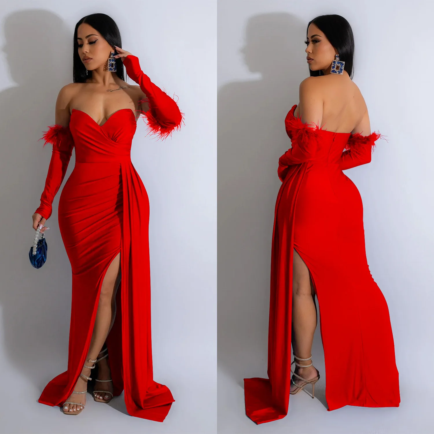 

Sexy Elegant Feather Patchwork Women Party Long Dress Slash Neck Long Sleeve Pleated High Split Maxi Vestidos Christmas Robes