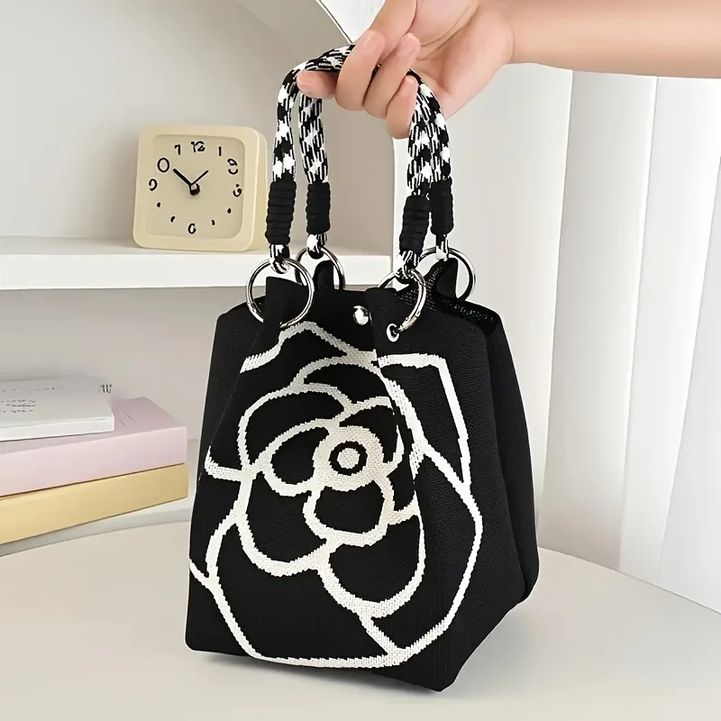 

Women's Elegant Large Capacity Handbag, Black and White Flower Pattern Knitted Handbag, Versatile and Portable for Commuting