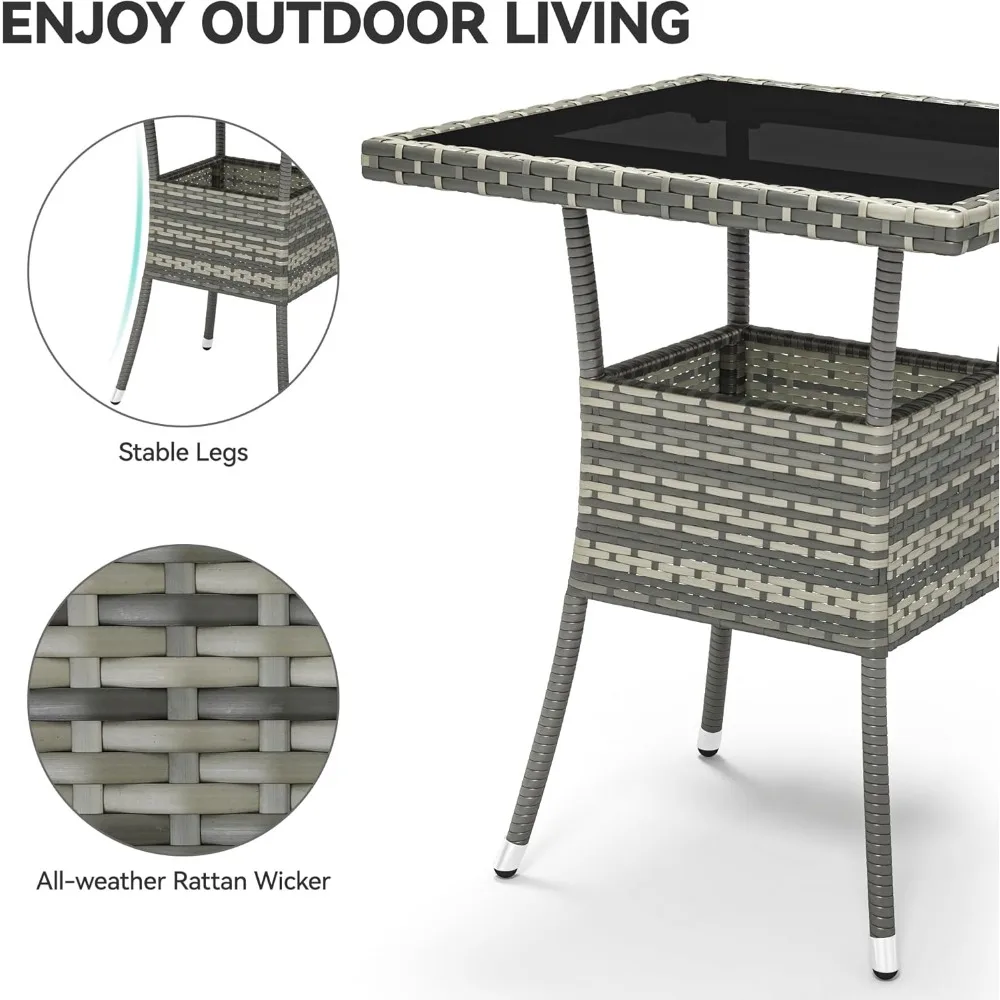 23.6" Patio Table for 4-Person, Outdoor Patio Wicker Square Dining Table, All-Weather Rattan Bistro Dining Table w/Glass Tablet