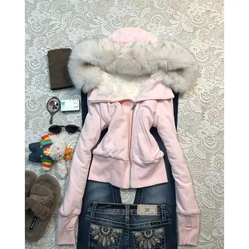 Pink Hoodie 2000s Cute Clothes Spicy Girls Streetwear High Street Classic Minimalist Unique Casual Jacket Faux Fur Collar Hoody - Image 3