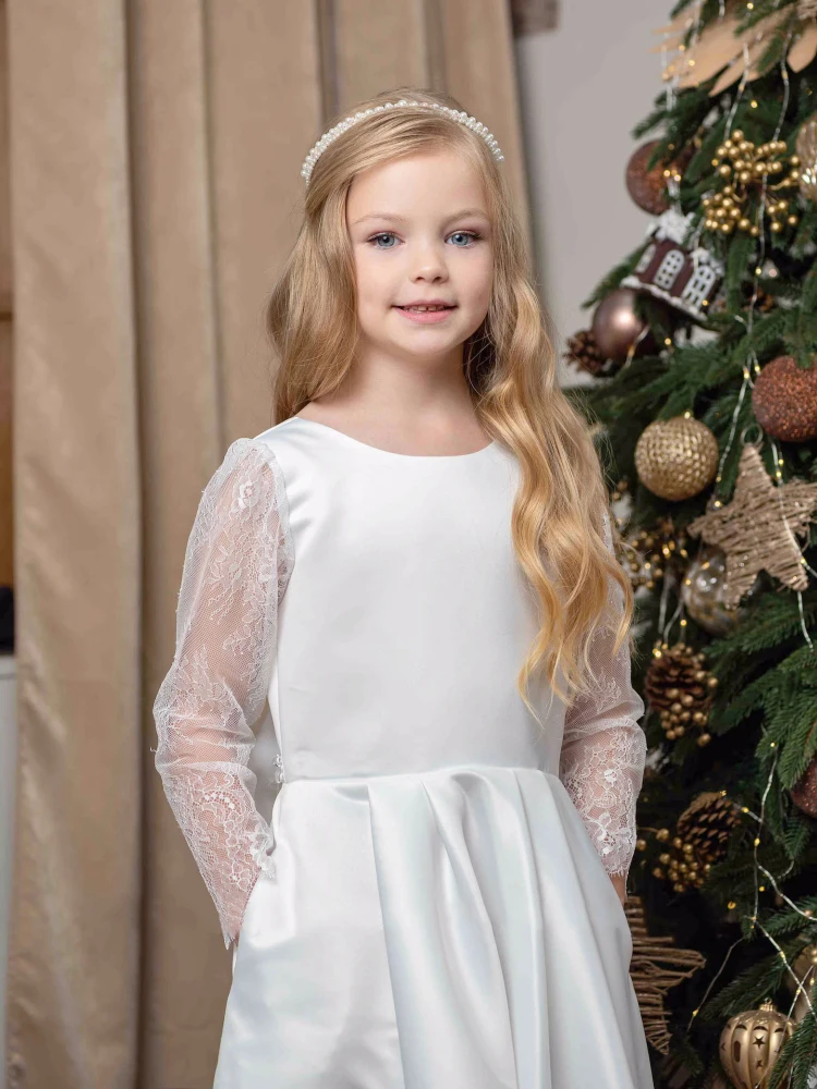 Vestidos blancos de flores para niña, apliques de satén con lazo, manga larga para boda, cumpleaños, banquete, primera comunión