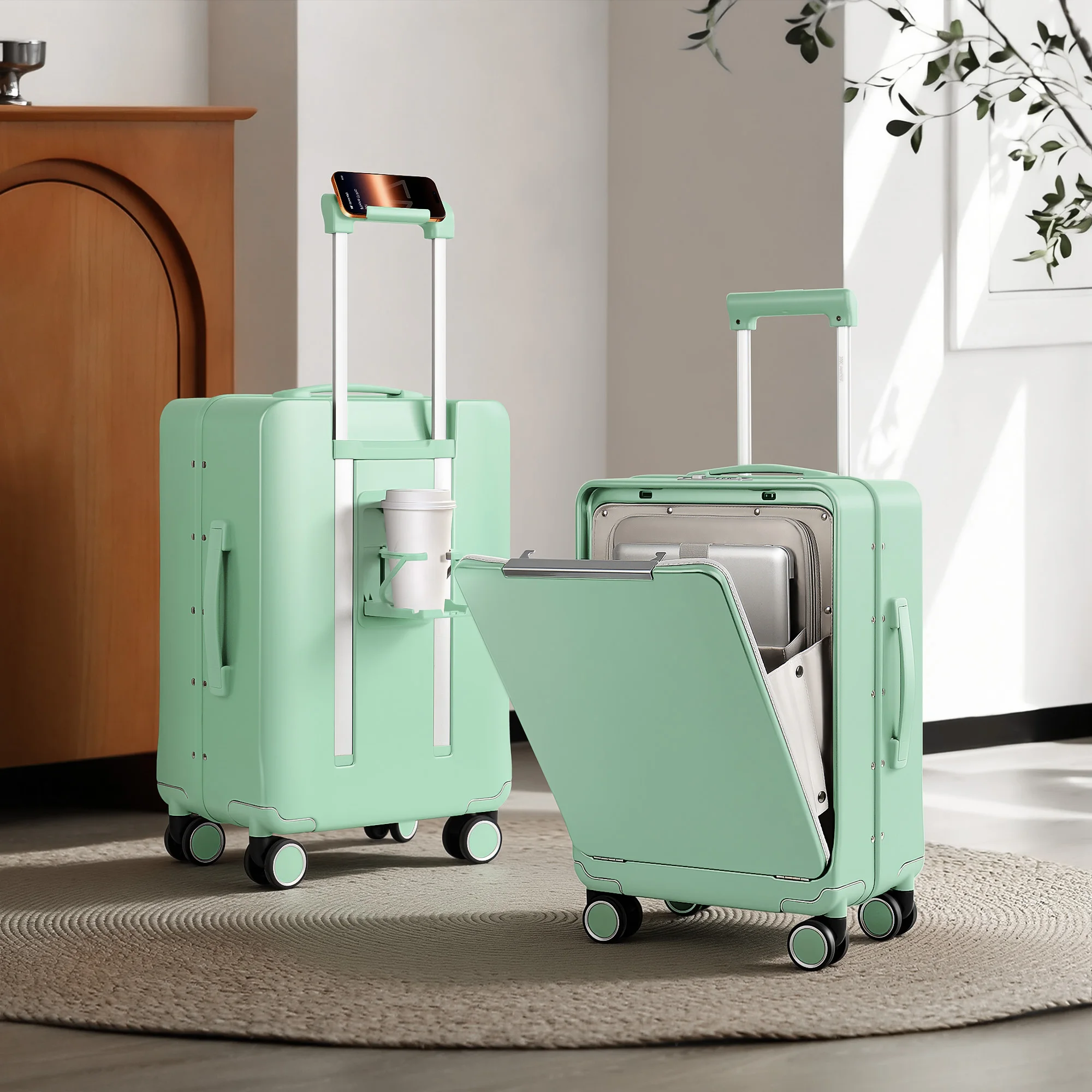 20 inch Carry on Luggage w/Front Pocket & Cup Holder PC Hard Shell Suitcase with Aluminum Frame Travel Luggage for Men/Women