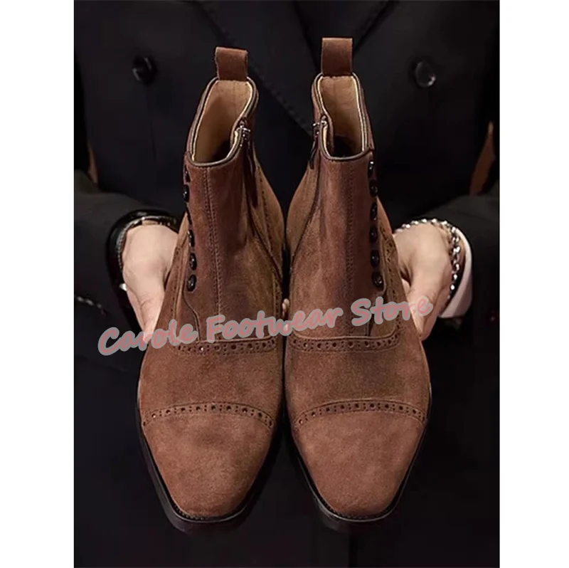 British Style Carving Genuine Leather Men's Chelsea Boots High Top Chunky Heel Brogue Ankle Boots Men's Business Dress Shoes