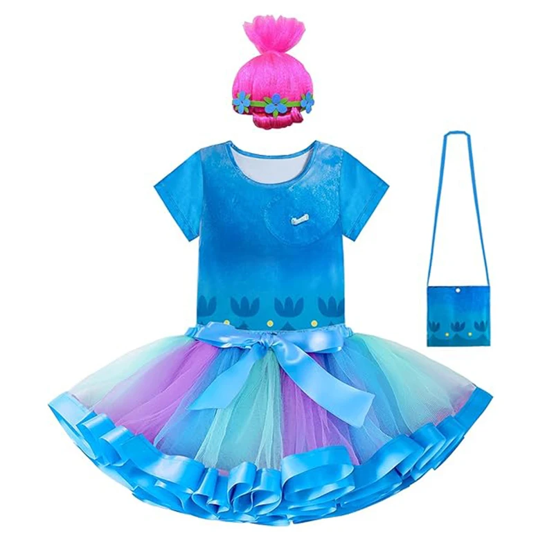 Halloween Cosplay Costumes	Girls Rainbow Poppy Tops+Tutu dress+Bag 3Pcs Sets For Children Carnival Easter Girls Party Dresses