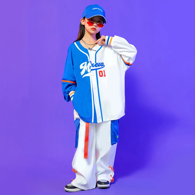 Camisa de pantalones Cargo para niñas y niños, ropa de baile callejero de Jazz, disfraz, ropa de escenario para niños, ropa de Hip Hop Kpop, blanco, azul, béisbol