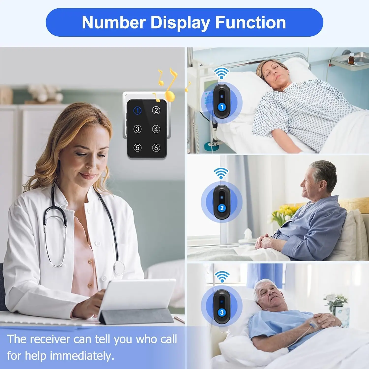 Number Display Nurse Pager System Waterproof Panic Alarm Caregiver Calling Button for Home & Hotel Use with LED Screen
