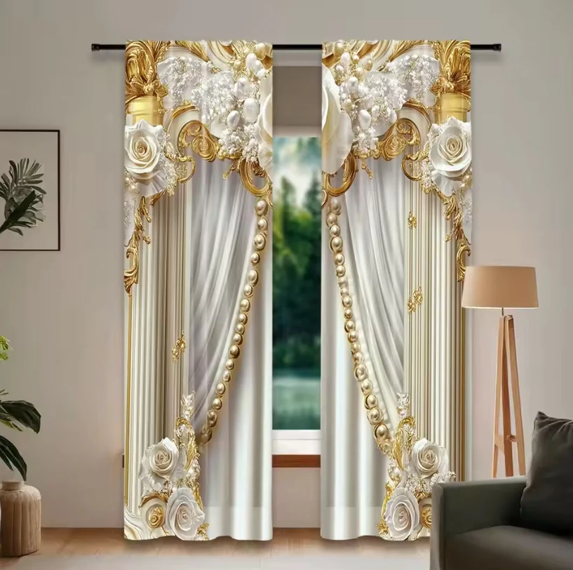 2PC White Gold Baroque Curtains Luxury Ornate Print Light Filtering Drapes Elegant Royal Home Decor for Bedroom Living Room