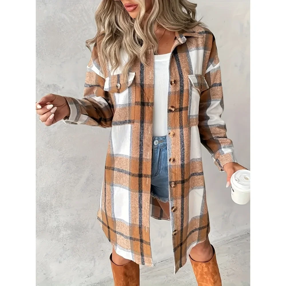 

Plus Size 1XL-5XL New Women Fashion Casual Plaid Blouse Shirt Jacket Ladies Casual Long Sleeve Button Mock Neck Tunic Shirt