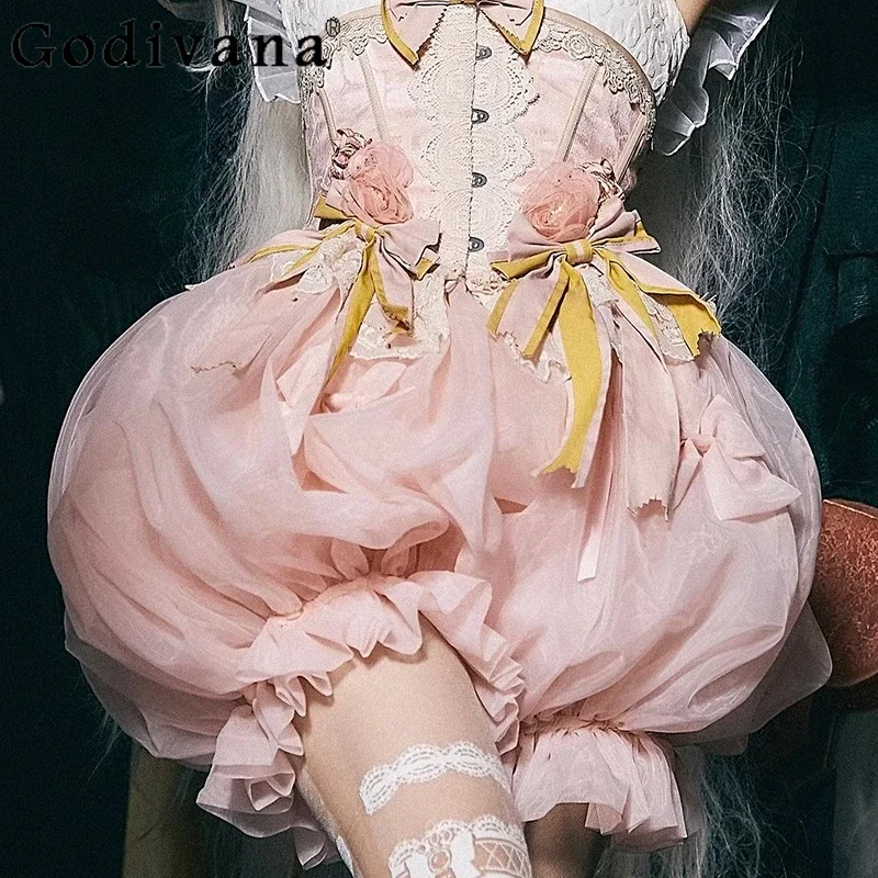 Original Design Pink Lolita Mesh Pumpkin Shorts Japanese Style Sweet Cute Bow Elastic Waist Girls Lo Fluffy Shorts Y2k Petticoat