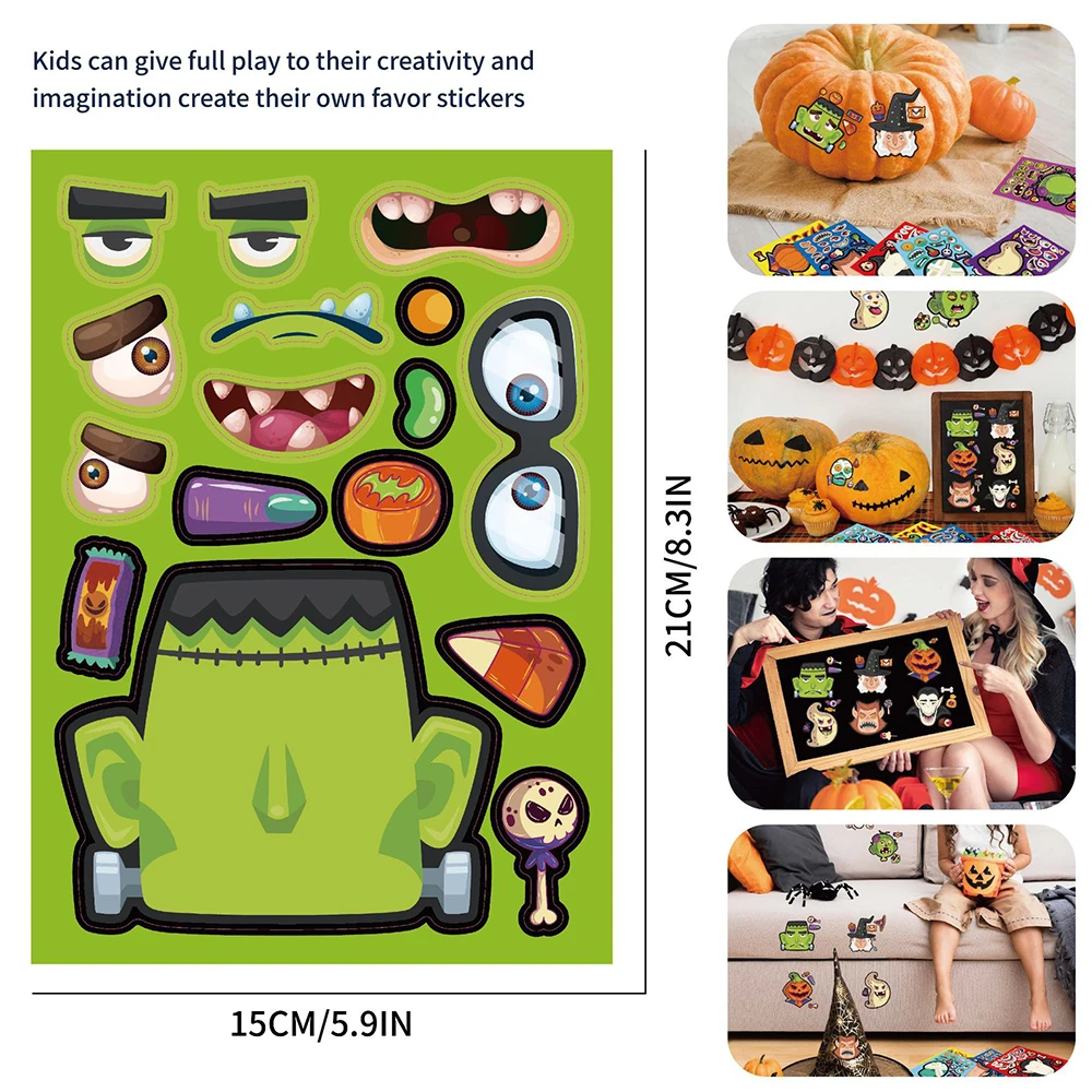 8/16Sheets Hallowmas Children Make a Face Puzzle Stickers Funny Game Assemble Jigsaw Kids Toys Vampire Witch Sticker Decoration