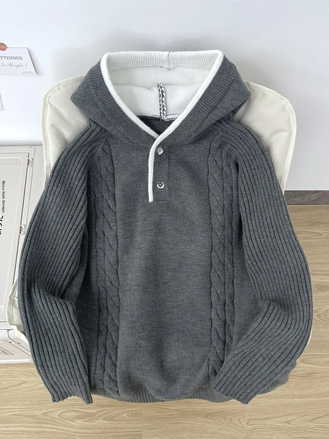 

Модный мужской зимний вязаный свитер с капюшоном, свободный, теплый, в повседневном американском стиле, с длинными рукавами, стандартной длины